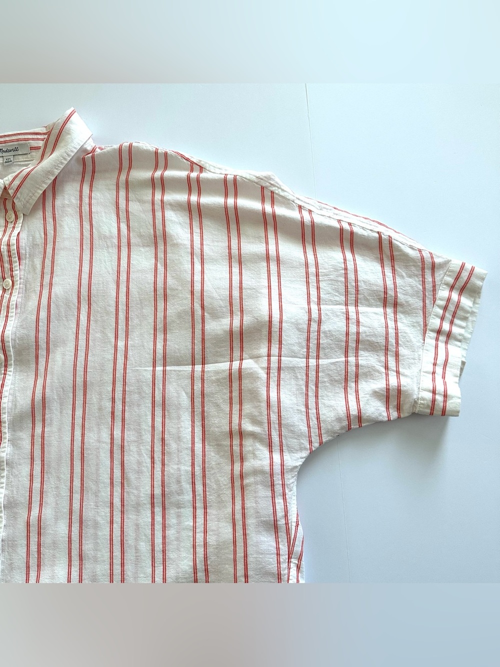 Madewell Oversized Pleated Sleeve Button Up Shirt in Bright Flame Stripe | XXL - Picture 9 of 14